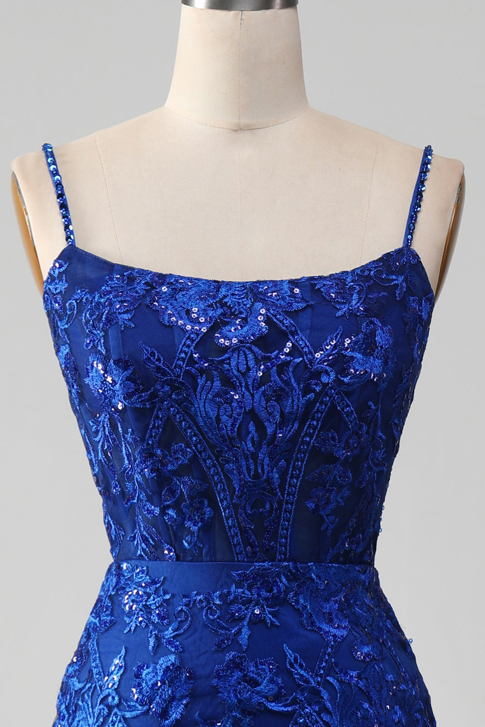 Sparkly Royal Blue Mermaid Spaghetti stropper Lang ballkjole med applikasjoner