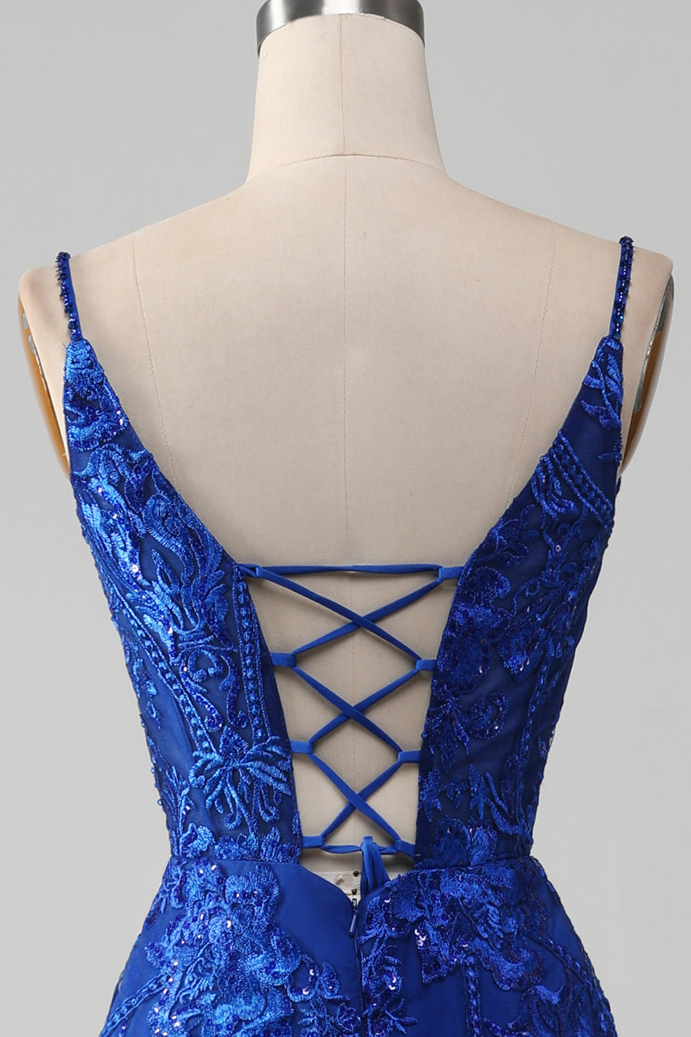 Sparkly Royal Blue Mermaid Spaghetti stropper Lang ballkjole med applikasjoner