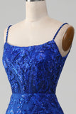 Sparkly Royal Blue Mermaid Spaghetti stropper Lang ballkjole med applikasjoner