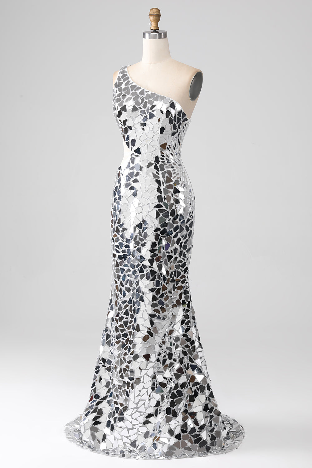 Silver Mirror paljetter En Shoulder Prom kjole med Hollow-out