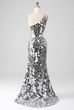 Silver Mirror paljetter En Shoulder Prom kjole med Hollow-out