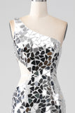 Silver Mirror paljetter En Shoulder Prom kjole med Hollow-out