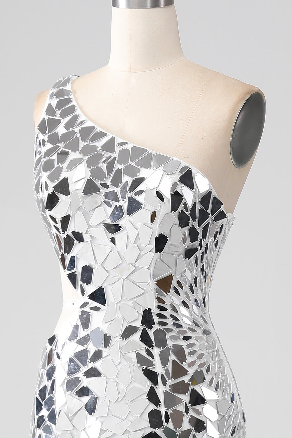 Silver Mirror paljetter En Shoulder Prom kjole med Hollow-out