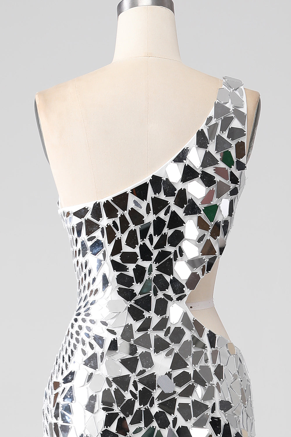Silver Mirror paljetter En Shoulder Prom kjole med Hollow-out