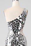 Silver Mirror paljetter En Shoulder Prom kjole med Hollow-out