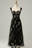 A Line Sweetheart Black Long Prom Dress med broderi