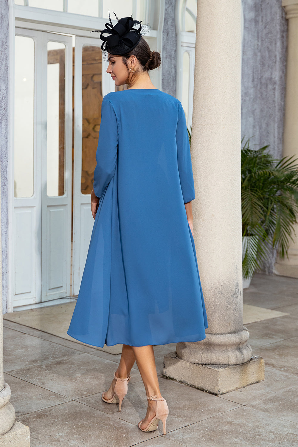 grå blå to stykke mor til bruden kjole med blonder