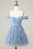 Cute A Line Sweetheart Grey Blue Short Homecoming Dress med broderi