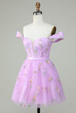 Cute A Line Sweetheart Purple Short Homecoming Dress med broderi