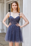 A Line Spaghetti stropper Grå Short Homecoming Dress med Appliques
