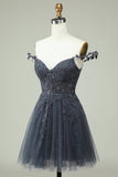 Unik A Line Spaghetti stropper Mint Short Homecoming kjole med Appliques