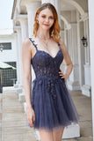 A Line Spaghetti stropper Grå Short Homecoming Dress med Appliques