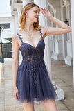 A Line Spaghetti stropper Grå Short Homecoming Dress med Appliques