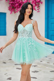 Unik A Line Spaghetti stropper Mint Short Homecoming kjole med Appliques