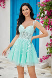 Unik A Line Spaghetti stropper Mint Short Homecoming kjole med Appliques
