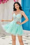 Unik A Line Spaghetti stropper Mint Short Homecoming kjole med Appliques