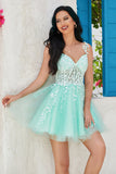 Unik A Line Spaghetti stropper Mint Short Homecoming kjole med Appliques