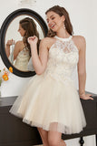 champagne beaded grime tulle søt homecoming kjole