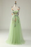 En linje lilla spaghetti stropper prom kjole med 3D-blomster