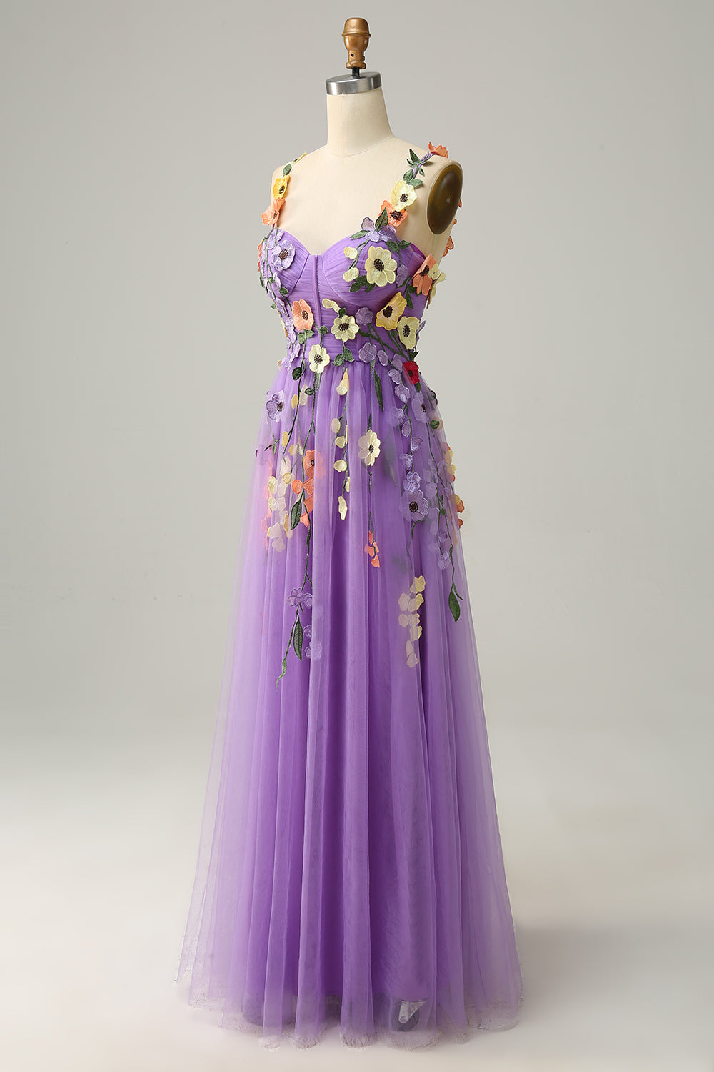 En linje lilla spaghetti stropper prom kjole med 3D-blomster