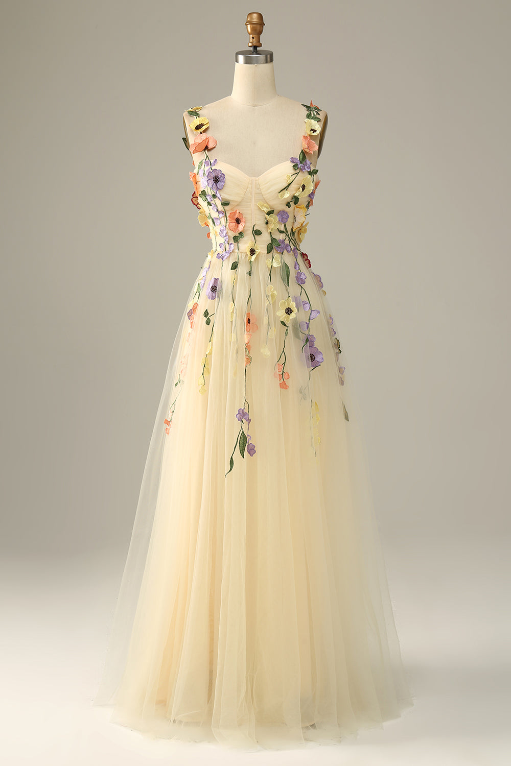 En linje lilla spaghetti stropper prom kjole med 3D-blomster