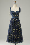 Navy Stars A-Line Tea-lengde Prom kjole med Bowknots