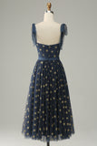 Navy Stars A-Line Tea-lengde Prom kjole med Bowknots