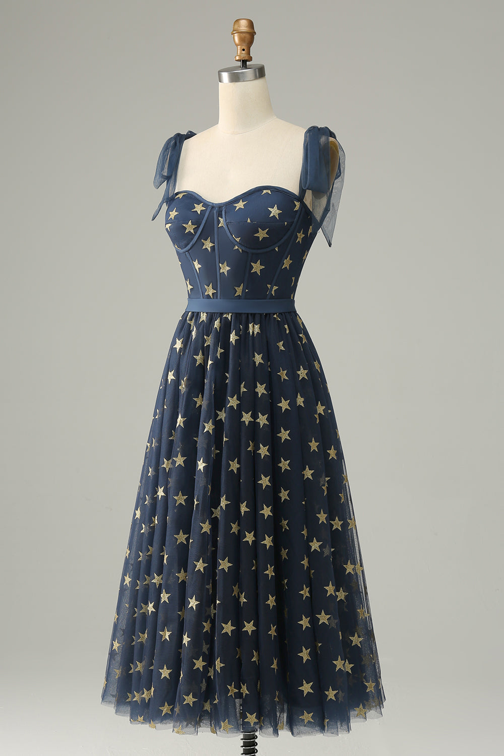 Navy Stars A-Line Tea-lengde Prom kjole med Bowknots