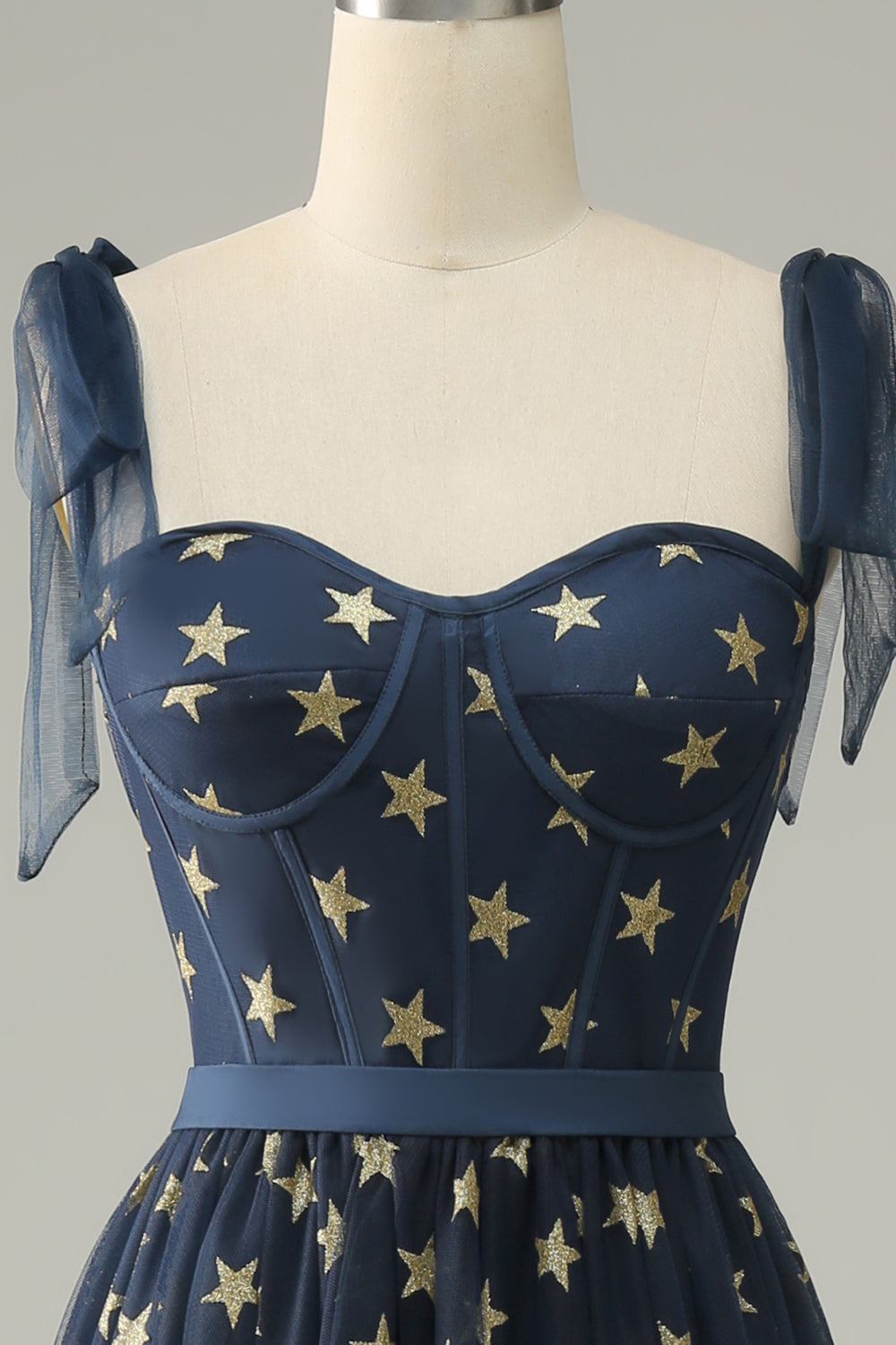 Navy Stars A-Line Tea-lengde Prom kjole med Bowknots