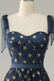 Navy Stars A-Line Tea-lengde Prom kjole med Bowknots