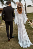 Elfenben og champagne blonder Boho brudekjole med Cape