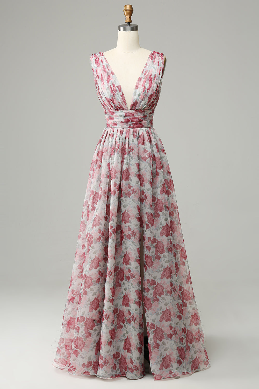 Grå og rosa floral lang brudepike kjole