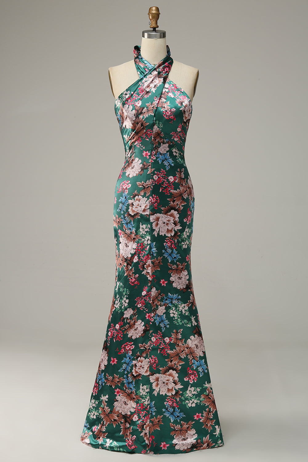 Flower Print Halter Satin Prom Kjole