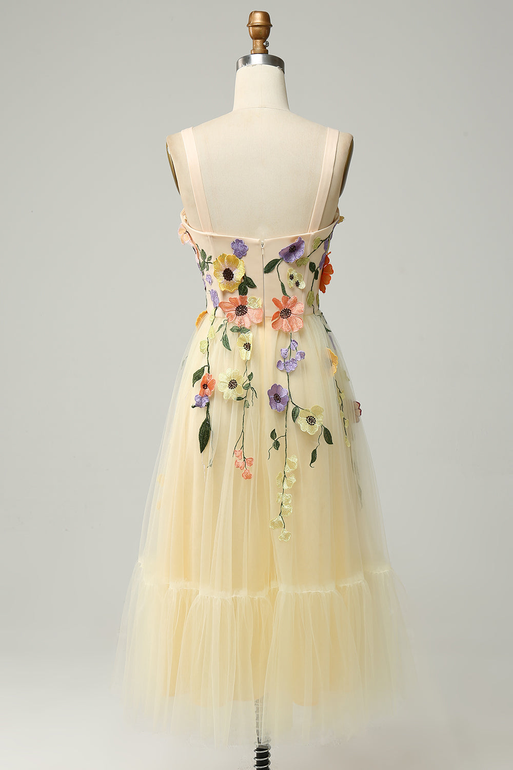 En linje Spaghetti stropper Champagne Tea Lengde Prom kjole med Appliques