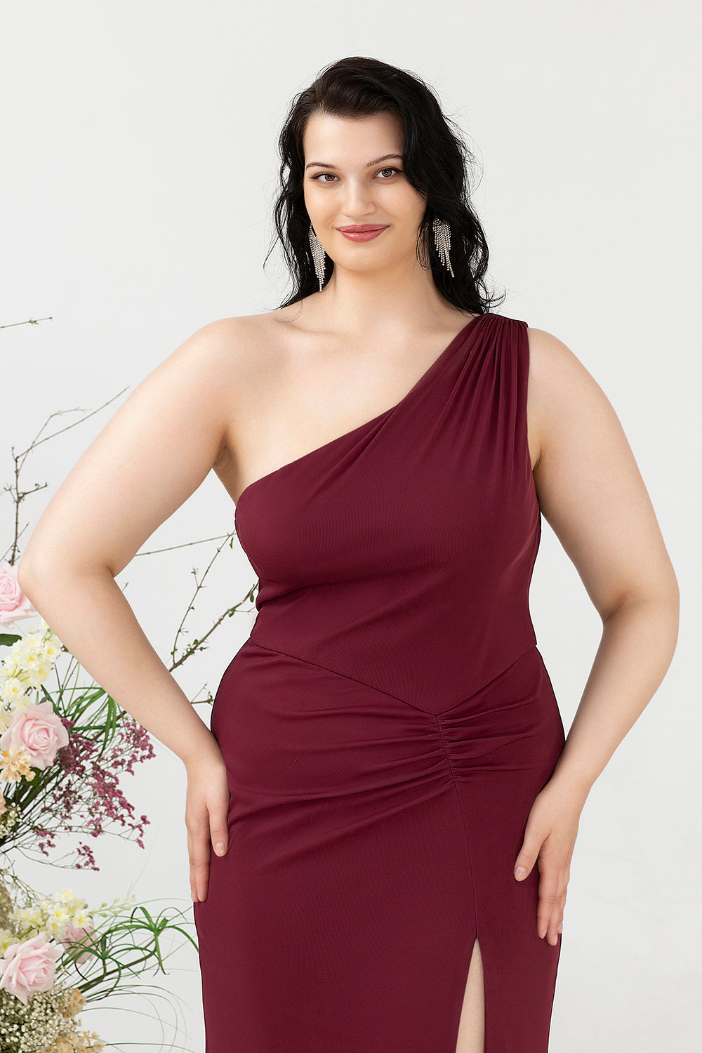 Havfrue One Shoulder Desert Rose Plus Size Bryllup Guest kjole med Slit