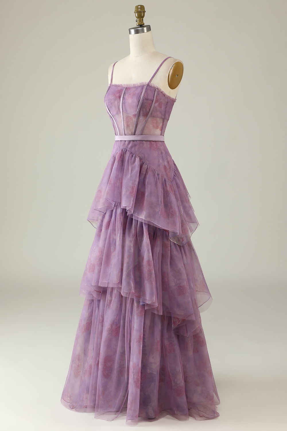 Lilla Trykt A Line Corset Prom Dress
