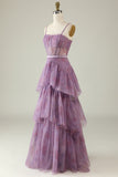 Lilla Trykt A Line Corset Prom Dress