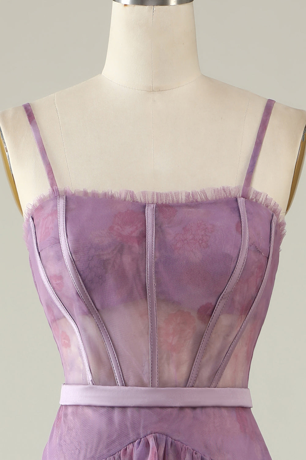 Lilla Trykt A Line Corset Prom Dress