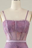 Lilla Trykt A Line Corset Prom Dress