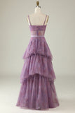 Lilla Trykt A Line Corset Prom Dress