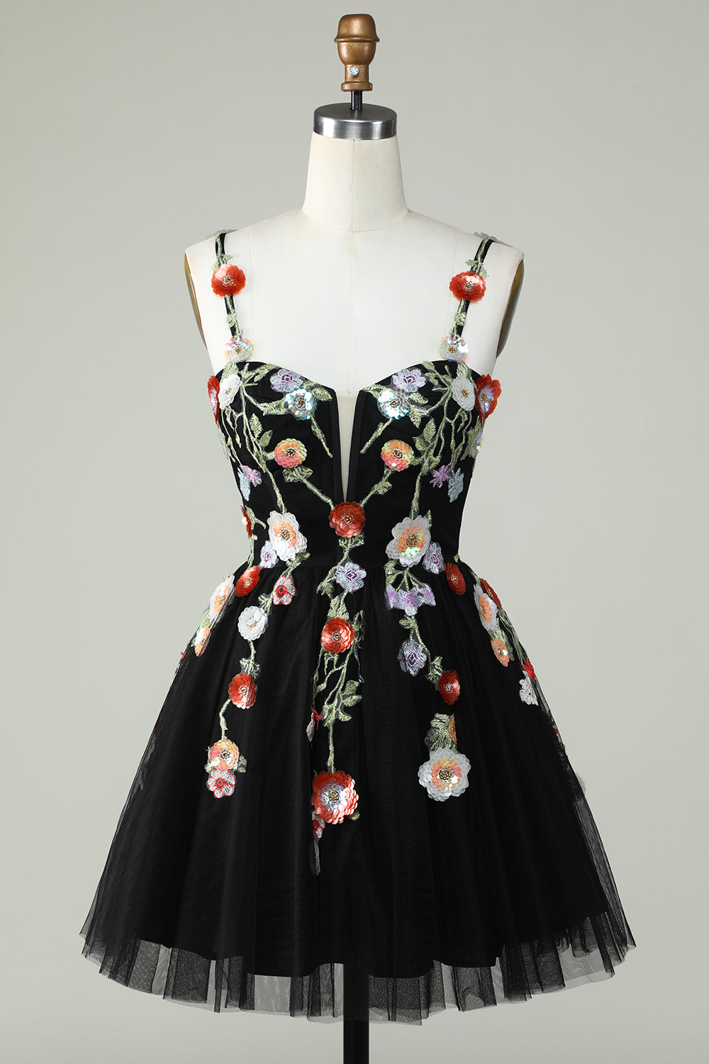 Spaghetti stropper svart A Line Sequin Blomster Homecoming Dress