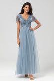 Selvsikker karismatisk A Line V Neck Dusty Blue Long Bridesmaid Dress med perler