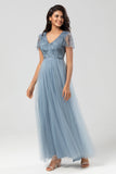 Selvsikker karismatisk A Line V Neck Dusty Blue Long Bridesmaid Dress med perler