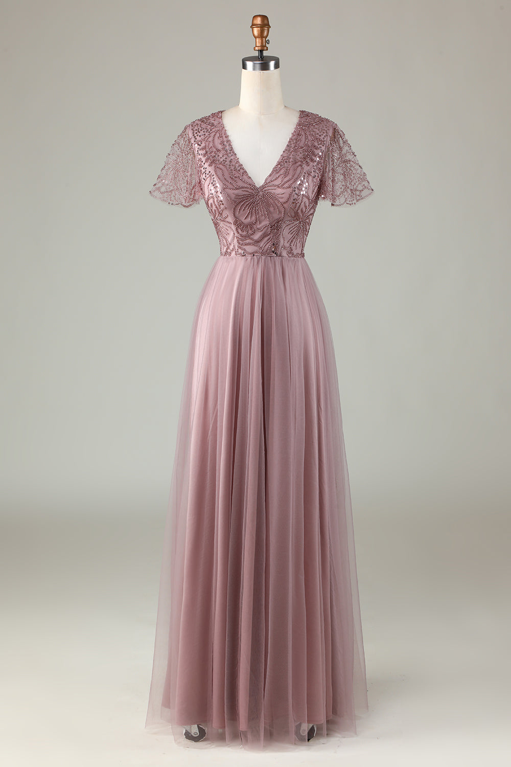 Selvsikker karismatisk A Line V Neck Dusty Blue Long Bridesmaid Dress med perler