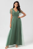 Epitome of Romance A-Line V Neck Eucalyptus Long Bridesmaid Dress med perler