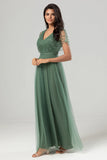 Epitome of Romance A-Line V Neck Eucalyptus Long Bridesmaid Dress med perler