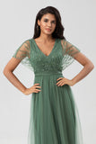 Epitome of Romance A-Line V Neck Eucalyptus Long Bridesmaid Dress med perler