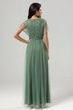 Epitome of Romance A-Line V Neck Eucalyptus Long Bridesmaid Dress med perler