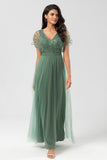 Epitome of Romance A-Line V Neck Eucalyptus Long Bridesmaid Dress med perler