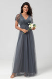 Epitome of Romance A-Line V Neck Eucalyptus Long Bridesmaid Dress med perler